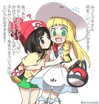  ? @_@ bag beanie blonde_hair blue_eyes blush braid commentary dress eromame flying_sweatdrops green_eyes hat hime_cut lillie_(pokemon) long_hair mizuki_(pokemon) multiple_girls pokemon pokemon_(game) pokemon_sm see-through shirt short_hair shorts shoulder_bag smelling spoken_question_mark sun_hat tied_shirt translated wavy_mouth yuri 