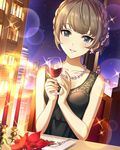 alcohol alternate_hairstyle artist_request bangs bare_shoulders blush cityscape cup drinking_glass earrings heterochromia idolmaster idolmaster_cinderella_girls jewelry looking_at_viewer mole mole_under_eye necklace night night_sky official_art restaurant sky smile solo takagaki_kaede tied_hair wine wine_glass 