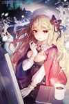  aurora bow breasts cape cleavage cup dress easel fur_hat gio_(maroon0924) gloves hair_bow hair_ornament hat long_hair medium_breasts mug notebook paintbrush red_eyes snow solo sword_girls white_gloves winter 