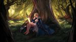  ahoge artoria_pendragon_(all) barefoot blonde_hair blouse dress excalibur fate/stay_night fate_(series) forest glowing glowing_sword glowing_weapon green_eyes highres mao_mao_wansui nature outdoors saber solo sword tree weapon 