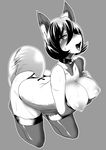  2016 anthro areola big_breasts black_and_white black_hair black_nose blush bra breasts buried_frog canine clothing collar female fox hair hi_res kneeling legwear looking_at_viewer mammal monochrome nipples open_mouth panties short_hair smile solo stockings sweat thick_thighs thong underwear 