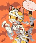  4_fingers anthro bandage bat blush brown_eyes brown_fur bulge claws cub cute_fangs english_text feline fur halloween holidays male mammal navel ocelot pawpads pink_nose raier simple_background solo standing text tongue unrealplace white_fur yellow_fur young 