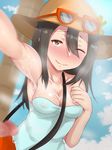  armpits bad_id bad_pixiv_id black_hair blurry blush brown_eyes censored covered_nipples cum cum_on_body cum_string depth_of_field hair_between_eyes highres one_eye_closed outstretched_arm penis pokemon pokemon_(game) pokemon_sm reaching_out self_shot sightseer_(pokemon) smile solo_focus sunglasses synchroaki 