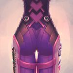  absurdres ass ass_focus bodysuit close-up clothes_writing cowboy_shot d.va_(overwatch) english highres overwatch pilot_suit ribbed_bodysuit s3eye simple_background skin_tight solo standing thigh_gap waist_down 