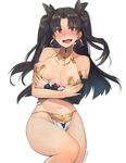  armlet bare_shoulders black_hair blush breasts breasts_apart earrings embarrassed fang fate/grand_order fate_(series) flying_sweatdrops hair_ribbon highres hoop_earrings ishtar_(fate/grand_order) jewelry kurowa loincloth long_hair looking_at_viewer medium_breasts neck_ring no_panties open_mouth pelvic_curtain red_eyes ribbon solo sweat twintails two_side_up wardrobe_malfunction 