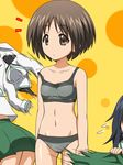  3girls awa black_hair bra breasts brown_eyes brown_hair female girls_und_panzer loli long_hair looking_at_viewer maruyama_saki multiple_girls navel panties polka_dot polka_dot_background school_uniform serafuku shirt shirt_removed short_hair skirt skirt_removed small_breasts sports_bra undressing yamagou_ayumi yellow_background 