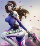  alternate_breast_size backlighting bangs bodysuit breasts brown_eyes brown_hair charm_(object) cherry_blossoms clothes_writing cowboy_shot d.va_(overwatch) facepaint facial_mark finger_on_trigger gloves grey_sky gun handgun headphones high_collar highres holding holding_gun holding_weapon large_breasts leg_up lips long_hair long_sleeves looking_at_viewer looking_to_the_side mountain nose open_mouth outdoors overwatch petals pilot_suit pistol pose rondeu shoulder_pads skin_tight solo swept_bangs tree weapon whisker_markings white_gloves wind 