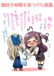  &gt;_&lt; :d afterimage ahoge asakaze_(kantai_collection) blue_bow blue_eyes blush bow brown_hair chibi closed_eyes commentary_request curly_hair eyebrows_visible_through_hair gloves grey_hair grey_skirt grey_vest hagikaze_(kantai_collection) hair_bow handshake heart heart_ahoge heart_in_mouth highres kamelie kantai_collection long_hair meiji_schoolgirl_uniform motion_lines multiple_girls neck_ribbon nose_blush one_side_up open_mouth pleated_skirt purple_hair red_ribbon ribbon school_uniform short_sleeves skirt smile sweat trait_connection translated vest white_gloves xd 