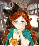  bangs blurry blush breasts cape chin_rest depth_of_field dress eating elbow_rest futou_ryouko granblue_fantasy green_cape green_eyes hair_between_eyes hair_ribbon hairband head_tilt indoors long_hair looking_at_viewer orange_hair parted_bangs ribbon sara_(granblue_fantasy) small_breasts smile solo translated upper_body wavy_hair white_dress window 