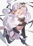  :d bell black_gloves black_legwear blush capelet elbow_gloves fate/grand_order fate_(series) gloves helmet jeanne_d'arc_(fate)_(all) jeanne_d'arc_alter_santa_lily karasu-san_(syh3iua83) looking_at_viewer open_mouth silver_hair simple_background smile solo teeth thighhighs white_background white_capelet yellow_eyes 