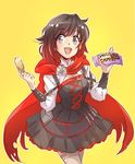  black_hair cape chocolate_chip_cookie commentary iesupa ruby_rose rwby smile solo yellow_background 