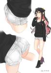  ama_mitsuki ass bare_shoulders black_hair blush boots collarbone commentary contemporary cutoffs dated denim denim_shorts hair_bun hair_ribbon kantai_collection long_hair long_sleeves looking_at_viewer multicolored_hair multiple_views naganami_(kantai_collection) parted_lips pink_hair ribbon short_shorts shorts signature simple_background sleeves_past_wrists standing white_background white_shorts yellow_eyes 