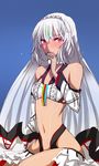  altera_(fate) bare_shoulders black_nails blush detached_sleeves fate/grand_order fate_(series) highres himo jewelry nail_polish navel red_eyes ring short_hair smile solo tattoo tears veil 