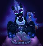  2016 anthro anthrofied armor barefoot blush bound caroo clothed clothing duo equine feet friendship_is_magic glowing half-closed_eyes helmet horn humanoid_feet levitation magic mammal my_little_pony nightmare_moon_(mlp) plantigrade princess_luna_(mlp) restrained ring rope soles toe_ring unicorn 