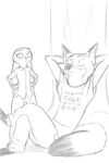  2016 akiric anthro black_and_white canine clothed clothing crossed_legs disney duo english_text eye_roll female fox hands_behind_head hands_on_hips judy_hopps lagomorph male mammal monochrome nick_wilde rabbit reclining simple_background sitting text white_background zootopia 