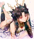  ass asymmetrical_gloves asymmetrical_legwear bad_revision barefoot black_hair black_legwear black_ribbon closed_mouth crossed_ankles earrings fate/grand_order fate_(series) gloves hair_ribbon hoop_earrings ishtar_(fate/grand_order) jewelry long_hair long_legs looking_at_viewer lying md5_mismatch on_stomach red_eyes ribbon single_thighhigh solo thighhighs toeless_legwear twintails weed_(astarone) 
