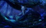  blue_eyes detailed_background dragon feral grass isvoc lying membranous_wings night nude outside solo spines wings 