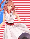  belt breast_pocket breasts brown_hair dress hair_between_eyes impossible_clothes kantai_collection kurere large_breasts looking_at_viewer neckerchief open_mouth pocket ponytail red_neckwear saratoga_(kantai_collection) smile solo white_dress 