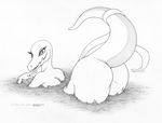  2016 anthro anthrofied ass_up big_butt butt ecmajor english_text female lizard looking_at_viewer looking_back monochrome mud nintendo nude pok&eacute;mon pok&eacute;morph raised_tail reptile salazzle scalie signature smile solo text traditional_media_(artwork) video_games 