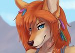  2015 anthro black_lips black_nose blue_eyes canine clothed clothing coyote detailed digital_media_(artwork) feather_in_hair feathers female fur hair kohi_(waruikoohii) long_hair looking_at_viewer mammal multicolored_fur orange_hair outside partially_clothed portrait shirt smile solo tan_fur two_tone_fur wet wet_shirt wyla yellow_fur 