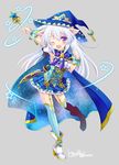  ;d animal_ears bad_id bad_pixiv_id bell blue_cape blue_dress blue_legwear cape dress full_body hat long_hair nonno official_art one_eye_closed open_mouth purple_eyes shoes silver_hair smile solo standing standing_on_one_leg tokinon wand white_footwear wizard_hat x-overd 