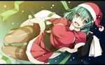  aqua_eyes aqua_hair black_legwear capelet christmas crotch_seam elbow_gloves fingerless_gloves gloves hat highres looking_at_viewer original pantyhose sack santa_costume santa_hat shikei short_hair solo thighband_pantyhose 