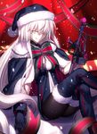  :q artoria_pendragon_(all) bangs black_gloves black_legwear bow bowtie cape chain commentary_request cosplay crossed_legs fate/grand_order fate_(series) fur_trim gloves hat highres jeanne_d'arc_(alter)_(fate) jeanne_d'arc_(fate)_(all) long_hair looking_at_viewer pantyhose pom_pom_(clothes) santa_alter santa_alter_(cosplay) santa_hat shinooji sidelocks silver_hair sitting snow snowing solo striped striped_bow striped_neckwear sword thighhighs tongue tongue_out v-shaped_eyebrows very_long_hair weapon yellow_eyes 