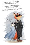  2016 akiric anthro barefoot canine clothed clothing dialogue disney duo english_text eyewear female fox hands_behind_back hands_in_pockets judy_hopps lagomorph male mammal necktie nick_wilde purple_eyes rabbit standing suit sunglasses text zootopia 