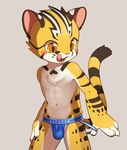  4_fingers anthro blush brown_eyes brown_fur bulge clothing cub cute_fangs feline fur jockstrap male mammal navel ocelot pawpads pink_nose raier simple_background solo standing tongue tongue_out underwear unrealplace white_fur yellow_fur young 