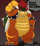  bowser bracelet dialogue english_text featureless_crotch foreshortening front_view hand_on_hip hisashino horn jewelry koopa male mario_bros navel nintendo nude overweight overweight_male pointing scalie sharp_teeth shell speech_bubble spiked_bracelet spikes standing talking_to_viewer teeth text video_games 