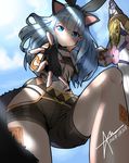  animal_ears bad_id bad_pixiv_id bandeau blade_&amp;_soul blue_eyes blue_hair cat_ears collar cropped_jacket fingerless_gloves flat_chest from_below gloves jacket kneeling long_hair looking_down lyn_(blade_&amp;_soul) navel outstretched_hand ribbon shorts smile solo sword tail tattoo weapon 
