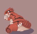  anus blush embarrassed groudon legendary_pok&eacute;mon looking_at_viewer looking_back male moexuan nintendo pok&eacute;mon raised_tail rear_view sharp_teeth sitting solo teeth video_games 