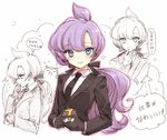  1girl ahoge arrow black_gloves blazer blue_eyes blush collared_shirt earphones expressions formal gen_1_pokemon gloves hair_ribbon heart highres jacket lila_(pokemon) long_hair looking_at_viewer low_ponytail necktie pink_lips poke_ball pokemon pokemon_(creature) pokemon_(game) pokemon_sm ponytail purple_eyes purple_hair ribbon shirt simple_background sketch smile snorlax solo speech_bubble spoilers suit text_focus translation_request tsukigami_runa ultra_ball upper_body white_background 