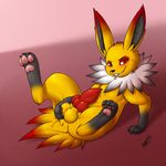  2016 alternate_color animal_genitalia animal_penis anus balls breasts butt canine_penis eeveelution fan_character feral fur hand_on_breast jolteon looking_at_viewer lying male nintendo nude on_back penis pok&eacute;mon presenting red_fur scar shikaro solo spread_legs spreading video_games yellow_fur 