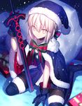  &gt;:( artoria_pendragon_(all) bangs black_gloves black_legwear bow bowtie box cape closed_mouth commentary_request dark_excalibur fate/grand_order fate_(series) frown fur_trim gift gift_box gloves hair_bow hat highres holding holding_sword holding_weapon looking_at_viewer pantyhose planted_weapon sack santa_alter santa_hat shinooji silver_eyes silver_hair sitting snow snowing solo striped striped_bow striped_neckwear sword thighhighs v-shaped_eyebrows wariza weapon 