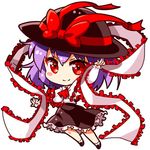  arm_up ascot black_footwear black_hat black_skirt blush_stickers bow capelet chibi frilled_skirt frills full_body hair_between_eyes hat hat_bow hat_ribbon long_sleeves looking_at_viewer lowres nagae_iku purple_hair red_bow red_eyes red_ribbon renren_(ah_renren) ribbon shawl shirt shoes short_hair simple_background skirt smile socks solo touhou white_background white_legwear white_shirt 