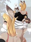  2016 ? anthro bag black_nose blonde_hair blush buried_frog cat clothed clothing feline female fur grey_fur hair hi_res looking_back mammal outside phone red_eyes shirt short_hair skirt solo standing white_fur 