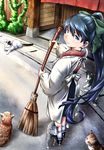  animal blue_eyes blue_hair broom cat from_above hair_between_eyes hakama high_ponytail houshou_(kantai_collection) japanese_clothes kantai_collection kappougi light_smile lips long_hair looking_at_viewer md5_mismatch outdoors perspective plant ponytail road solo standing street sweeping wooden_wall yuzu_momo 