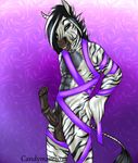  2016 animal_genitalia animal_penis anthro balls black_penis blue_eyes body_hair candymare equine equine_penis erection fur hair happy_trail looking_at_viewer male mammal mane nipples nude penis purple_background ribbons ripper_equidae simple_background smile solo stripes tail_tuft tuft zebra 