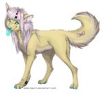  blue_eyes blue_nose blue_tongue canine dog female feral fur hair hauringu looking_at_viewer mammal nude paws pink_hair smile solo standing tongue yellow_fur 