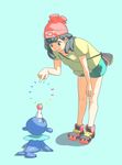  amamimaru bag beanie bent_over black_hair blue_background brown_eyes gen_7_pokemon green_shorts hat highres messenger_bag mizuki_(pokemon) pokemon pokemon_(creature) pokemon_(game) pokemon_sm popping popplio shirt shoes short_hair shorts shoulder_bag simple_background smile sneakers t-shirt tied_shirt 