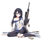  ar-10 battle_rifle black_gloves black_hair black_legwear blush breasts damaged eyebrows eyebrows_visible_through_hair fingerless_gloves full_body girls_frontline gloves grey_jacket gun hairband holding holding_gun holding_weapon jacket knee_pads long_hair looking_at_viewer magazine_(weapon) off_shoulder official_art open_clothes open_jacket open_mouth pantyhose purple_eyes rifle school_uniform scope serafuku sitting small_breasts solo strap super_sass super_sass_(girls_frontline) suppressor suppressor_removed thighhighs torn_clothes torn_legwear transparent_background weapon yuri_shoutu 