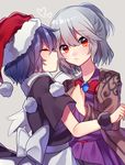  &gt;3&lt; blue_hair commentary_request doremy_sweet grey_background hat heart hug jacket kishin_sagume multiple_girls nightcap orange_eyes pom_pom_(clothes) renka_(sutegoma25) short_hair silver_hair touhou wings yuri 