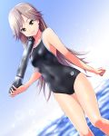  1girl absurdres arashio_(kantai_collection) arena_(company) beach blue_sky breasts brown_eyes brown_hair cloud cloudy_sky collarbone competition_school_swimsuit competition_swimsuit cowboy_shot dutch_angle eyebrows_visible_through_hair graphite_(medium) hair_between_eyes highres kantai_collection long_hair looking_at_viewer mechanical_pencil ocean one-piece_swimsuit pencil sky small_breasts smile solo standing swimsuit tennouji_masamichi torpedo traditional_media water yellow_eyes 