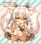  animal_ears anklet barefoot blush chibi demon_horns feet fur_trim horns ilmina_(p&amp;d) jewelry marshmallow_mille multiple_tails puzzle_&amp;_dragons solo tail white_hair yellow_eyes 