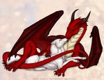  blue_eyes brown_eyes canine claws dragon female fur horn interspecies larger_female licking long_tail love male male/female mammal not_furry red_skin reptile romantic_couple scalie simple_background size_difference spikes tongue tongue_out videxdra white_fur wings wolf 