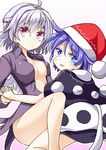  :3 :d ahoge aki_chimaki bare_legs blue_eyes blue_hair blush_stickers braid breasts colored_eyelashes doremy_sweet dress eyebrows eyebrows_visible_through_hair french_braid hat holding_hands kishin_sagume legs medium_breasts multiple_girls nightcap no_bra no_panties open_clothes open_dress open_mouth pink_background pom_pom_(clothes) red_eyes short_dress short_hair silver_hair smile tail tapir_tail touhou wings yuri 