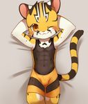  anthro armpits blush brown_eyes brown_fur bulge cub feline fur hands_behind_head lying male mammal navel ocelot on_back one_eye_closed pink_nose raier simple_background solo unrealplace white_fur yellow_fur young 