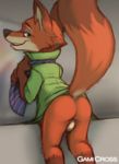  anthro balls butt canine clothing disney fox gamicross looking_at_viewer looking_back male mammal necktie nick_wilde nude presenting simple_background solo zootopia 