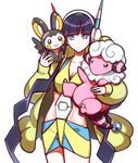  bangs black_hair blue_eyes blue_nails blunt_bangs carrying coat emolga flaaffy gen_2_pokemon gen_5_pokemon headphones kamitsure_(pokemon) long_hair nail_polish open_clothes open_coat pokemon pokemon_(creature) pokemon_(game) pokemon_bw2 sidelocks very_long_hair yurizuka_(sergeant_heart) 